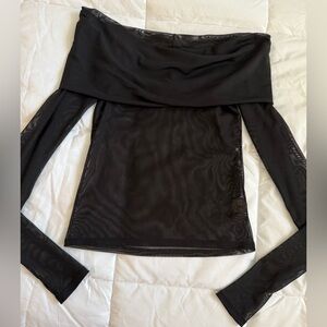 Joah brown mesh off the shoulder long sleeve